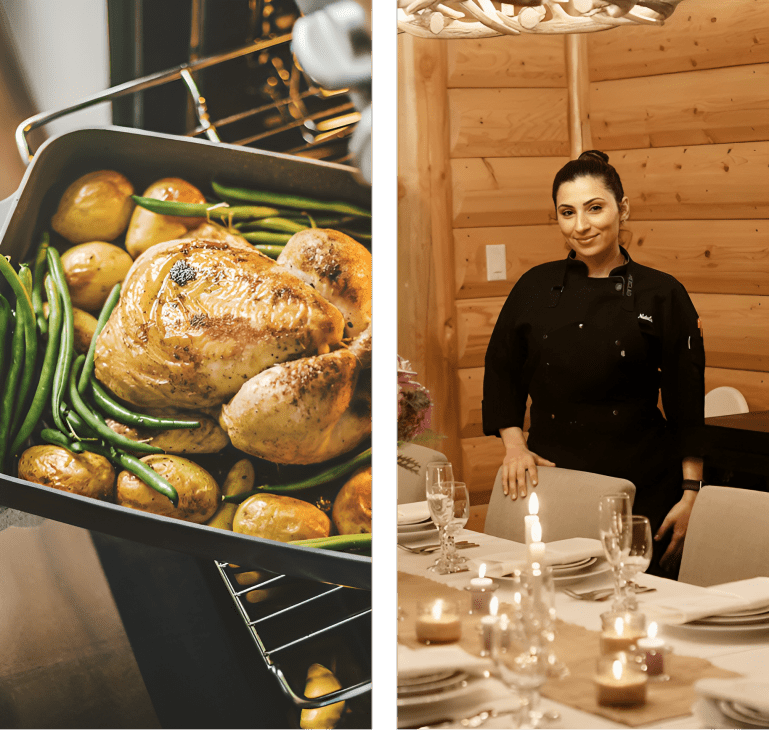 Roasted chicken and chef at dining table.